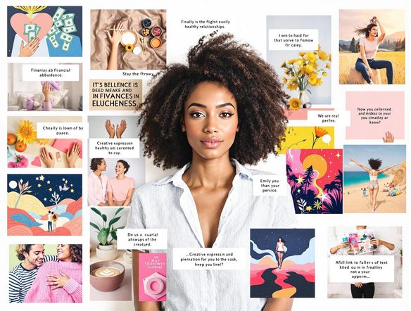 A digital vision board with a clean, minimalist design. Showcase images representing financial abundance, healthy relationships, and creative expression. Integrate text boxes with affirmations generated by AI, emphasizing positivity and gratitude.