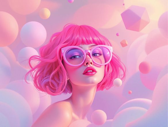 A whimsical, cartoon-style avatar of a person with bright pink hair and oversized glasses, set against a background of floating geometric shapes. Use a soft, pastel color palette. Digital art.