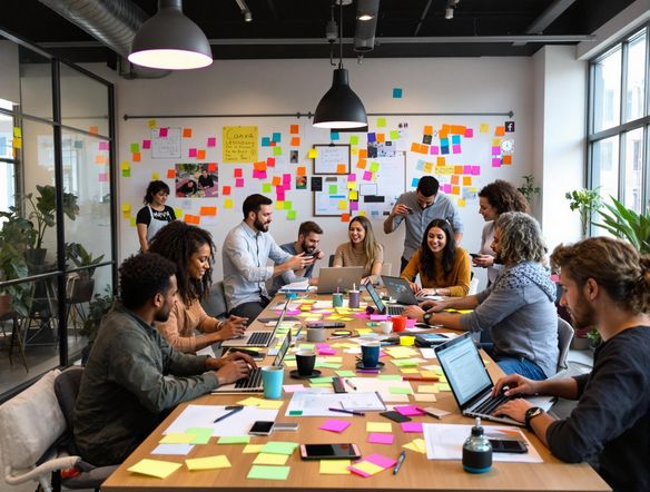 A vibrant digital artwork showcasing a diverse group of people collaborating on design projects using Canva on various devices, with a focus on AI-powered image generation.