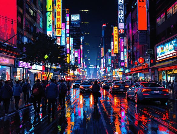 A vibrant, photorealistic image of a bustling city street at night, with neon lights reflecting off wet pavement. Emphasize a sense of energy and movement. High resolution, detailed.