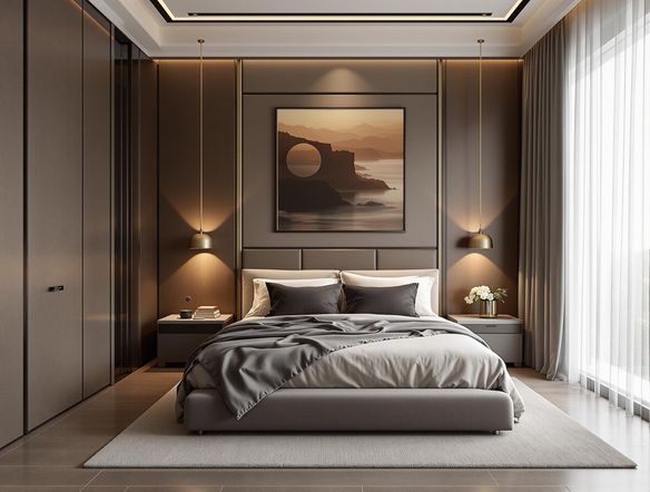 A stylish bedroom interior design presented as a grid generator image. The 3x3 generator emphasizes balance and symmetry, featuring a comfortable bed, elegant lighting, and tasteful decor, all harmoniously arranged.