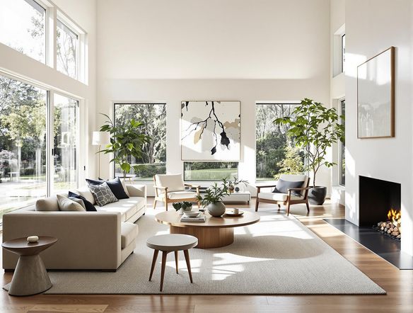 A bright, modern living room with large windows, hardwood floors, a minimalist fireplace, and stylish furniture, bathed in natural sunlight.