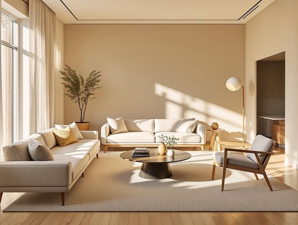 A bright and airy living room design generated by AI, showcasing a perfectly arranged furniture grid. Use a grid image generator to display a harmonious layout, focusing on natural light and modern aesthetics.