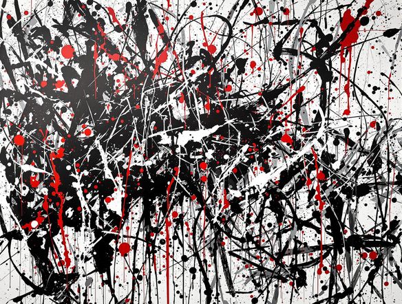 An abstract expressionist painting in the style of Jackson Pollock, featuring energetic splatters and drips of black, white, and red paint on a large canvas, chaotic and dynamic.