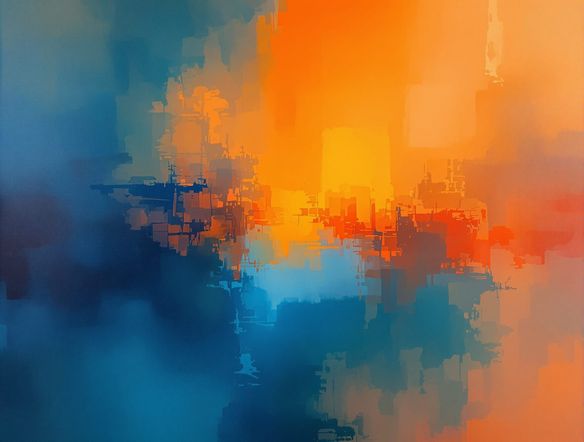 A vast, immersive color field painting with deep blues and vibrant oranges, evoking a sense of calm and energy, AI generated abstract art.