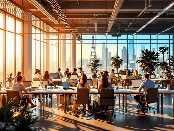A vibrant, high-resolution hero image featuring a modern office space with collaborative teams, bathed in warm, inviting light. Focus on conveying innovation and teamwork.