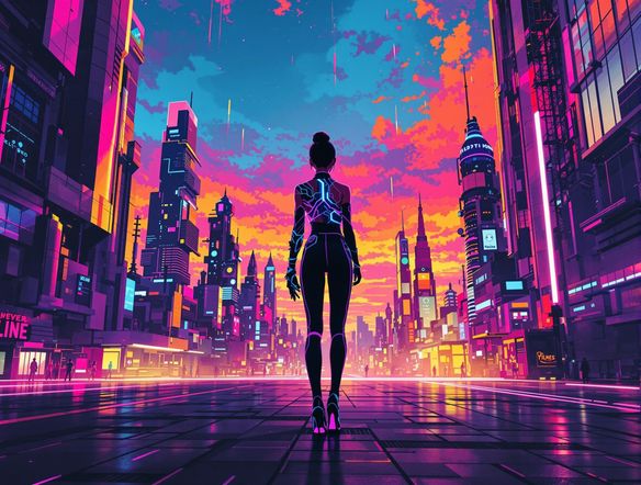 Abstract cityscape at dusk, vibrant colors, dynamic composition, evoking innovation and progress, digital art.