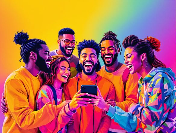 A dynamic hero image for social media, showcasing a diverse group of people using a product with excitement. Use bold colors and a modern design to attract attention and convey energy.