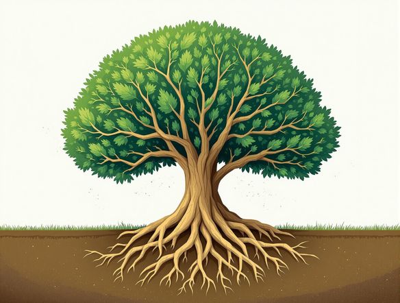 A circular logo featuring a stylized tree with interconnected roots forming a network. Earthy tones, subtle textures, and a clean, modern aesthetic. The logo should symbolize growth, sustainability, and connection.