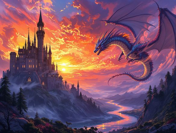 An epic fantasy landscape with a towering castle, a majestic dragon soaring through a vibrant sky, and a winding river, rendered in a highly detailed, painterly style.