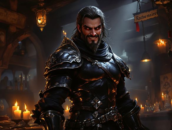 A charismatic rogue character with a mischievous grin, dressed in dark leather armor, standing in a dimly lit tavern, high fantasy art, inspired by Dungeons and Dragons.