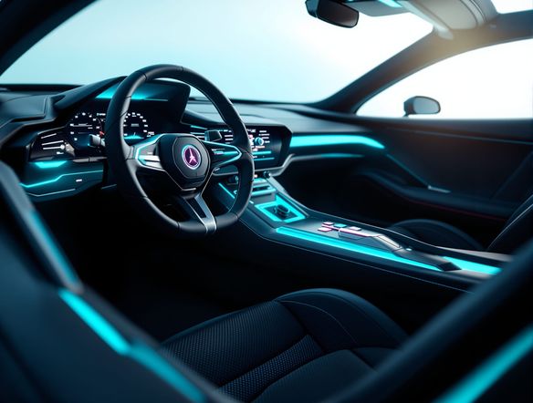 A close-up, photorealistic 3D render of a sleek, futuristic sports car interior, glowing dashboard elements, intricate stitching on leather seats, sharp focus.