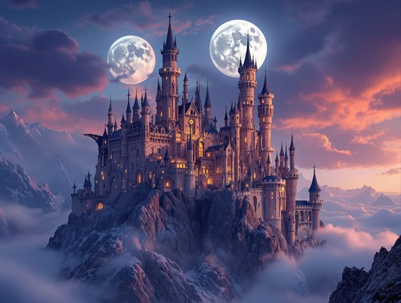 A majestic fantasy castle rendered in stunningly realistic 3D, detailed textures, dramatic lighting, epic scale, cinematic view.