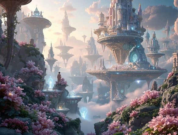 A surreal 3D rendered landscape with floating islands, intricate geometric structures, and glowing ethereal flora, bathed in soft, volumetric light.