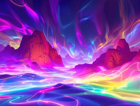 A surreal landscape at night, illuminated by glowing neon light painting effect, digital light brush art, ethereal atmosphere, vibrant colors.