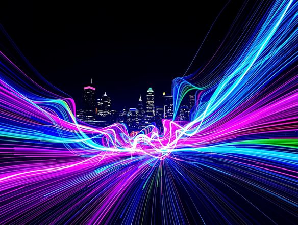 Abstract light painting streaks in neon pink, electric blue, and vibrant green swirling around a silhouetted cityscape at night, creating a dynamic and energetic visual.