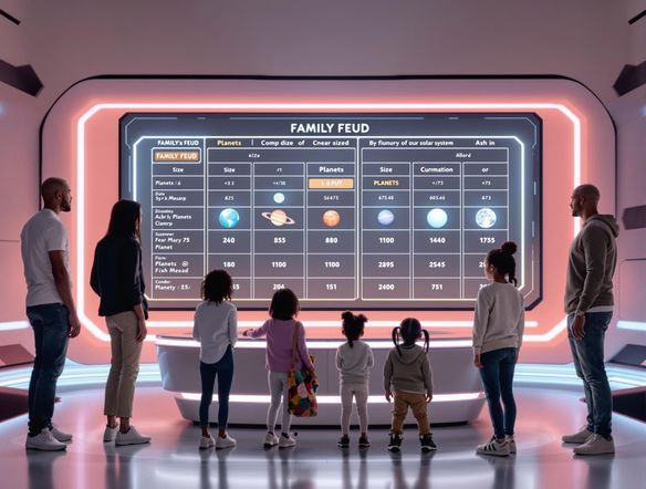A sleek, modern size comparison chart generator interface displaying a Family Feud game board. The board compares the sizes of different planets in our solar system, with a family happily playing the game. Clean, informative, and engaging design.