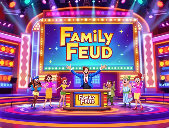 A vibrant game show set with a large screen displaying 'Family Feud,' excited contestants, and a charismatic host, all rendered in a lively, cartoonish style.