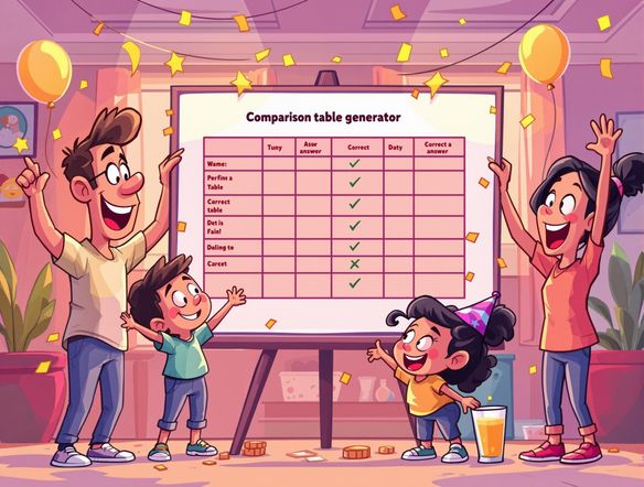 A vibrant, cartoon-style image of a family excitedly gathered around a large, interactive comparison table generator display at a party, celebrating a correct answer during a Family Feud game. Bright colors, joyful expressions.