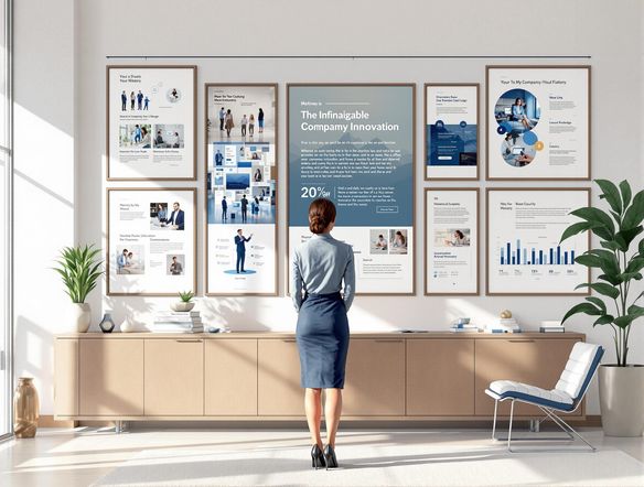 A sophisticated office space featuring a gallery wall displaying a company's history through a series of framed images and text. The style is corporate and professional, inspired by a business name generator free tool. Focus on conveying trust and innovation.