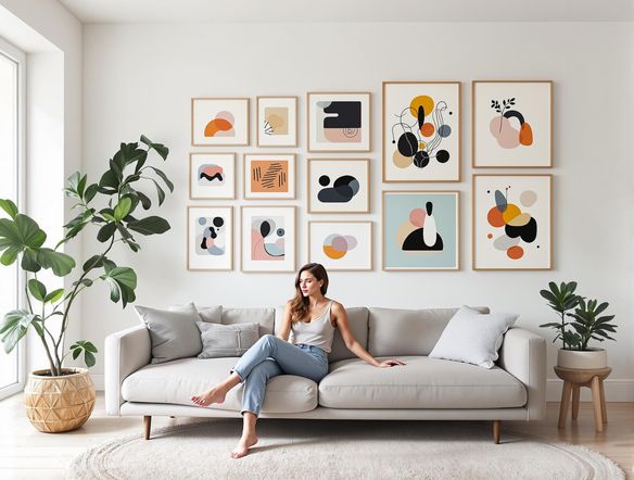 A brightly lit living room featuring a gallery wall with a mix of framed abstract art and photography. The style should be modern and minimalist, showcasing the versatility of an AI business name generator-inspired theme.