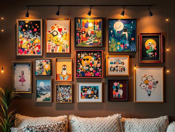 A beautifully arranged gallery wall featuring diverse art styles, warm lighting, and a cozy, inviting atmosphere.