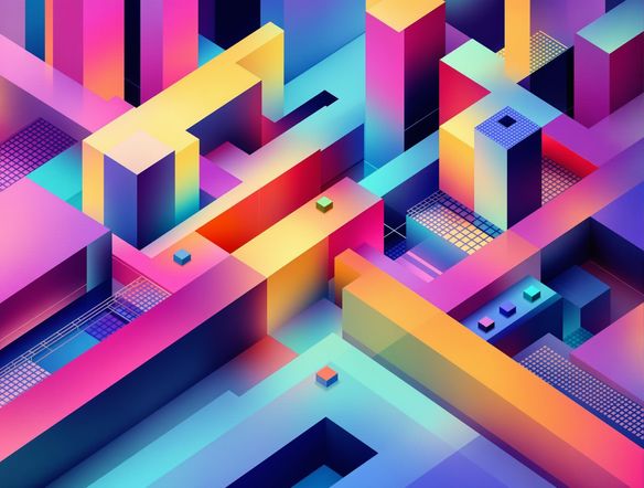 An abstract geometric design featuring interlocking shapes and patterns, rendered in a clean, modern isometric style, vibrant color palette, top-down perspective art.