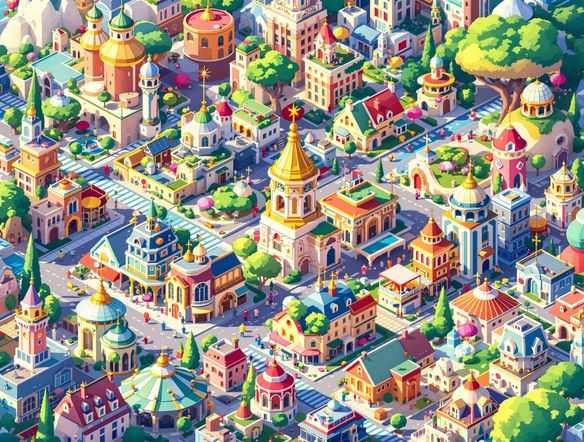 A vibrant isometric cityscape with stylized buildings, floating islands, and whimsical elements, rendered in a clean, modern aesthetic.