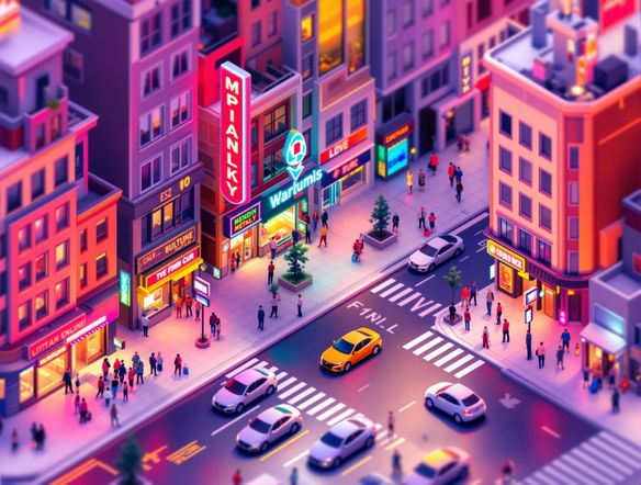 A vibrant isometric illustration of a bustling city street with miniature cars and pedestrians, detailed buildings, clean lines, 3D render, isometric view.
