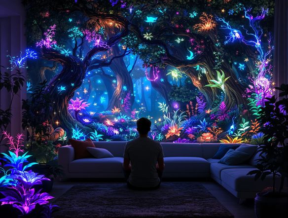 A user designing an intricate AR fantasy forest scene in their living room, with glowing flora and fauna appearing around them, vibrant colors, hyperrealistic rendering.