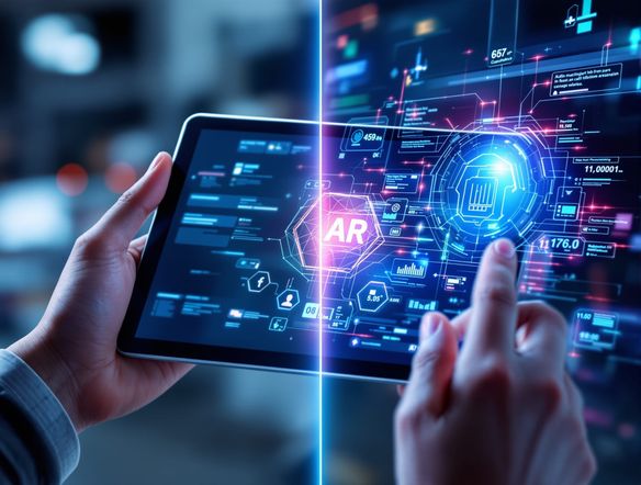 A split view showing a developer's hand holding a tablet displaying an AR app recognizing a real-world object, with digital overlays and information appearing, sleek interface, futuristic aesthetic.