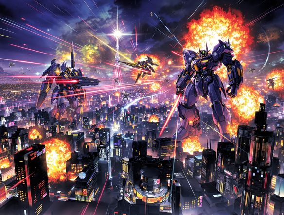 Giant mecha robots battling in the sky above a futuristic neo-Tokyo cityscape, energy beams, explosions, dramatic anime art style, high-octane action.