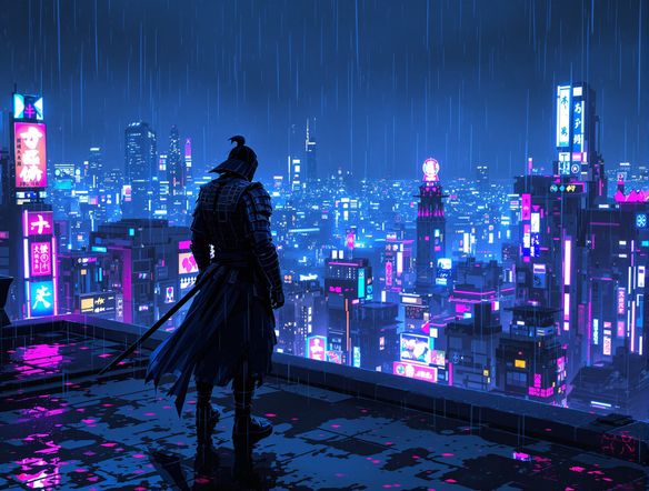 A lone samurai warrior standing on a rainy rooftop overlooking a sprawling cyberpunk city, neon signs reflecting in puddles, anime style, intricate details, cinematic lighting.