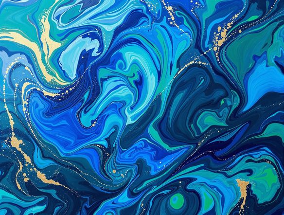 Abstract fluid art in a harmonious color palette of blues, greens, and golds, reflecting balance and creativity.