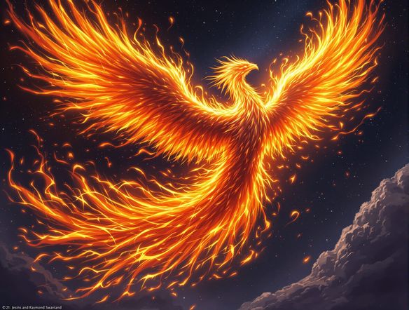 A phoenix in a powerful, majestic pose, engulfed in swirling, intense flames, symbolizing rebirth and power, against a dark, starry background, epic fantasy illustration.
