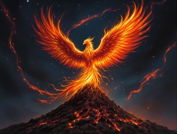 A majestic phoenix rising from ashes, depicted with vibrant, fiery plumage and glowing embers, set against a dark, dramatic background.