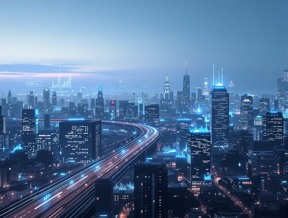 A sleek, professional banner for a tech company, featuring a minimalist cityscape and subtle data visualizations, online banner generator, custom cover design tool, clean aesthetic.