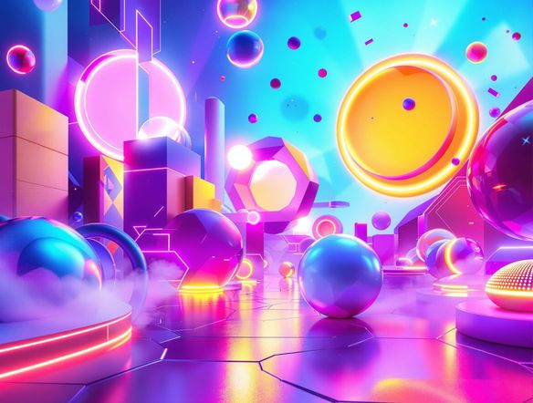 A vibrant, abstract digital banner with glowing geometric shapes and futuristic typography, representing creative design possibilities.