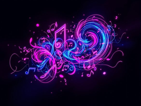 A vibrant band logo with abstract musical elements, glowing neon against a dark background, showcasing energy and creativity.