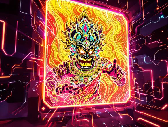 A vibrant digital Wayang Kulit character emerging from a glowing screen, showcasing the intricate details of Javanese shadow puppets with a modern, stylized artistic interpretation.