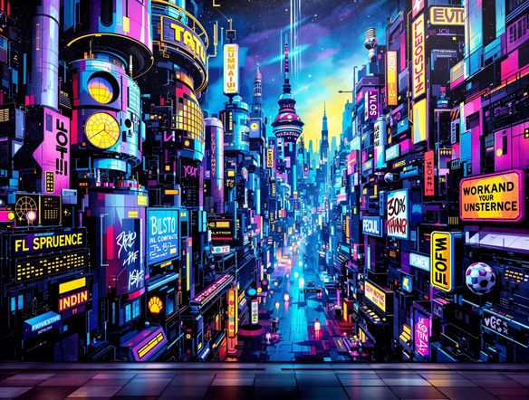 A complex, multi-layered graffiti mural depicting a futuristic cityscape with stylized spray paint textures. Vibrant blues, purples, and yellows dominate. Urban art generator aesthetic, highly detailed.