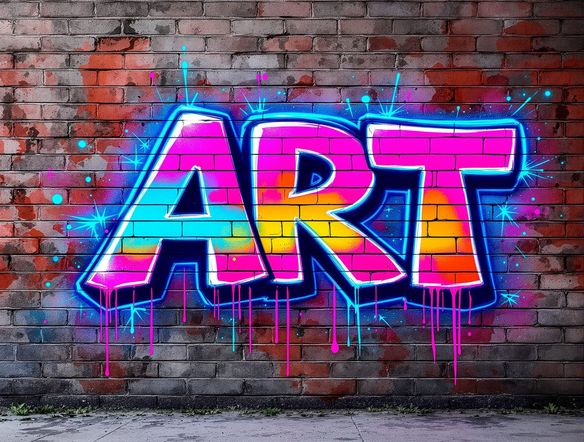 A bold, colorful graffiti tag spelling 'ART' on a brick wall, rendered in a dynamic, energetic spray paint style. Neon highlights and dripping paint effects. Digital street art aesthetic.