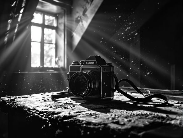 A dramatic, high-contrast black and white photograph of a vintage film camera, with light rays piercing through a dusty attic window.
