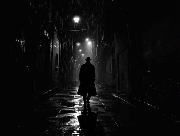A lone detective standing in a dimly lit alley, rain falling, dramatic chiaroscuro lighting, black and white film noir style, gritty texture, cinematic feel.