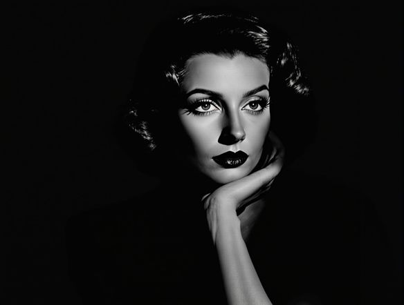 A striking portrait of a woman in a 1950s dress, rendered in a dramatic black and white film style, soft shadows, high contrast, evocative atmosphere.