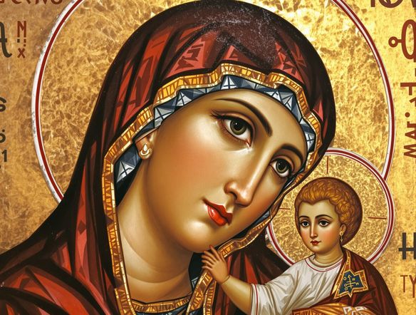 An AI-generated icon of the Theotokos in the style of Egyptian Christian art, featuring serene expressions and symbolic imagery, suitable for an Orthodox setting.