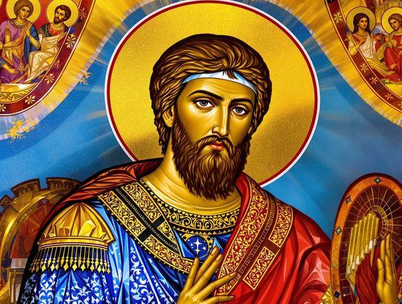 A vibrant icon of Saint George in the traditional Coptic art style, with bold outlines and rich colors, generated by AI.