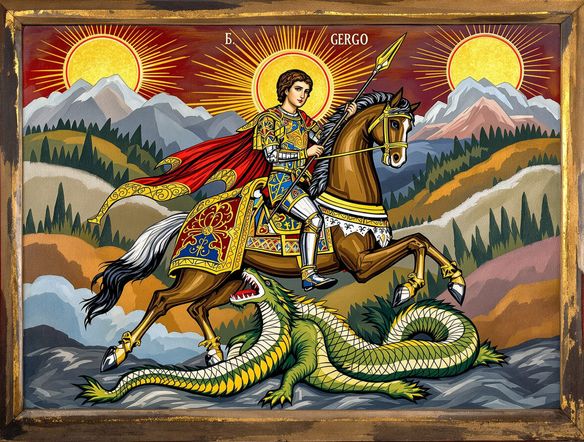 A serene Coptic Christian icon of Saint George slaying a dragon, rendered in traditional Byzantine style with vibrant colors and gold leaf accents, depicted on aged wood.