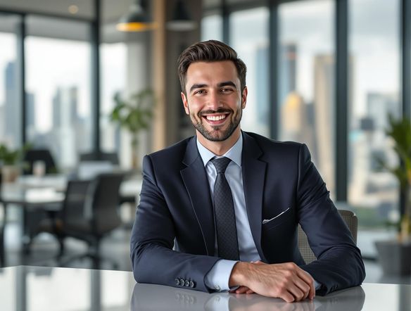 A professional headshot of a smiling business person in a modern office environment, generated by AI, showcasing a polished and confident look suitable for LinkedIn.