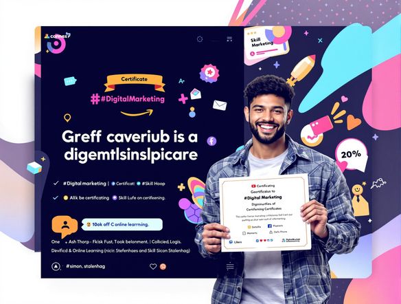 A certificate of completion for a digital marketing course, displayed on a social media feed. Include relevant hashtags like #digitalmarketing, #certificate, #onlinelearning, #skilldevelopment in the image. Capture the excitement of sharing achievements.